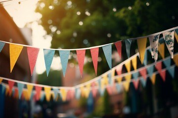 Vintage toned celebration with decorative triangular flags at an outdoor party