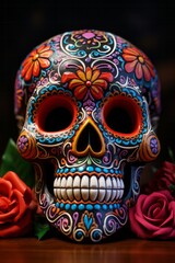 Photorealistic Colourful Sugar Skull (Calavera) for Mexico's Day of the Dead (Dia de Los Muertos) celebration. Created with Ai technology