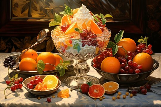 a painted image of a dessert consisting of a bowl of frozen sweet treat with various fruits and nuts, placed on a table along with oranges and other fruits. Generative AI