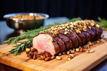 lamb loin roast sprinkled with crushed garlic and rosemary sprigs