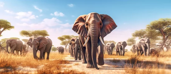 Fotobehang A herd of wild elephants walking across the savanna © andri