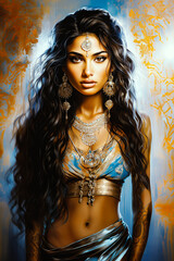 painting of beautiful Indian female warrior goddess with crown and with gold blue accents dress
