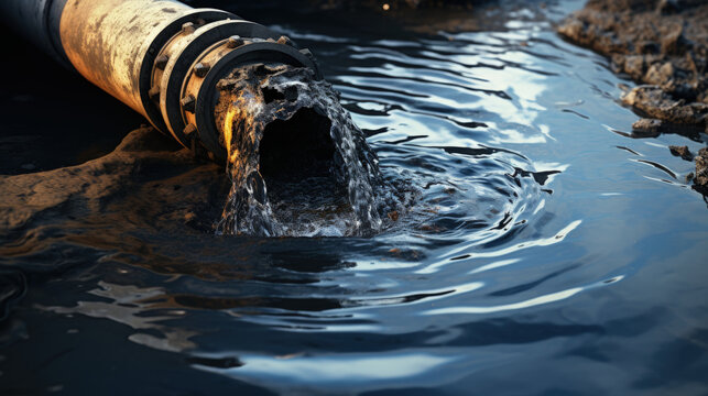 This close-up image captures an oil pipe's opening as it spills oil into the water, starkly illustrating the harmful impact of environmental pollution.