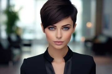 Naklejka premium Beautiful woman with a stylish short haircut in the office. Manager, boss