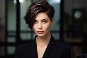 Fototapeta premium Beautiful woman with a stylish short haircut in the office. Manager, boss