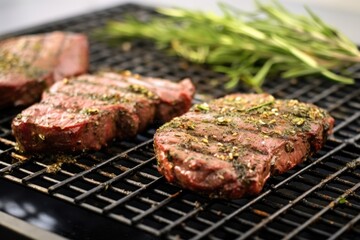 beef steak on a grill grates with scattered herb rub