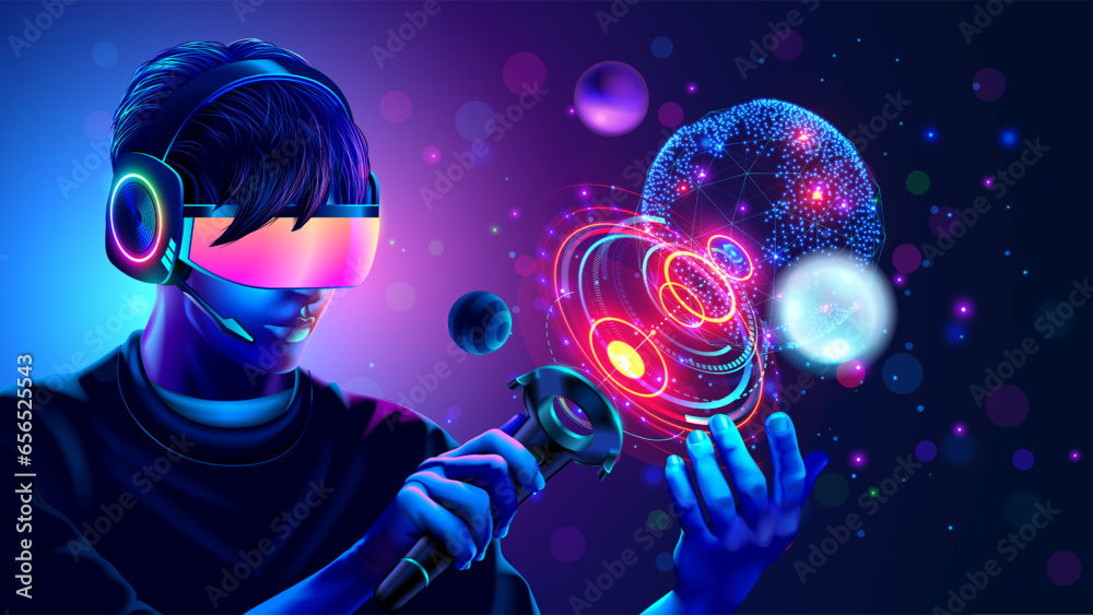 Aufkleber Man in VR headset or 3d glasses of virtual reality looks and interacts with holographic interface of VR or AR simulation. Guy playing in computer video games in VR space with controller in hand.