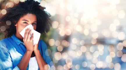 Black woman, blowing nose and allergies, sick with health fail on banner and bokeh, portrait and sinus infection. Healthcare, wellness and illness with mockup space, toilet paper for cold or flu