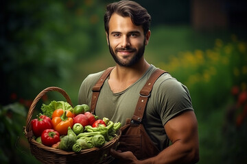 Naklejka na ściany i meble Young farmer holding fresh vegetables in a basket