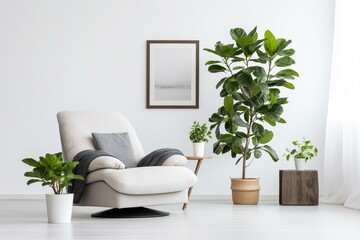 Interior with Scandinavian living room, plants, recliner, and white walls. Generative AI