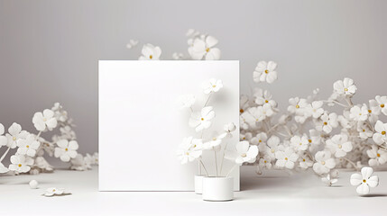 Blank poster and white paper flowers on a light background. Free space for product placement or advertising text.