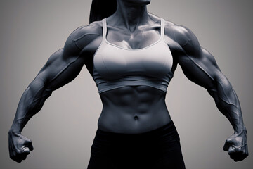Fototapeta na wymiar Muscular female torso in sportswear on a dark background. Banner layout for gym or fitness training.