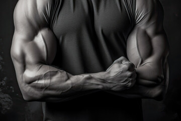 Muscular male torso in sportswear on a dark background. Banner layout for gym or fitness trainer.