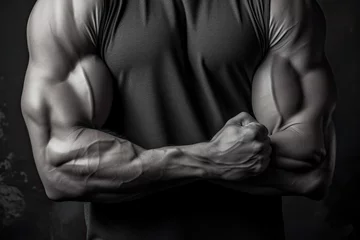 Fotobehang Muscular male torso in sportswear on a dark background. Banner layout for gym or fitness trainer. © OleksandrZastrozhnov