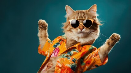 Cat wearing colorful clothes and sunglasses dancing on the green background - generative AI - obrazy, fototapety, plakaty