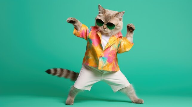 Cat wearing colorful clothes and sunglasses dancing on the green background - generative AI