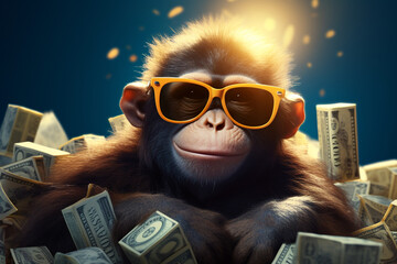 cute monkey with sunglasses and cash - obrazy, fototapety, plakaty