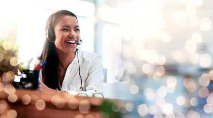 Happy woman, call center and laughing on bokeh background in customer service or telemarketing at...