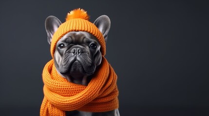 Cute French Bulldog Dressed in a Orange Scarf and Hat with Space for Copy - generative AI