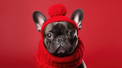 Cute French BullDog in a Red Hat and Scarf on a Red Background with Space for Copy - generative AI