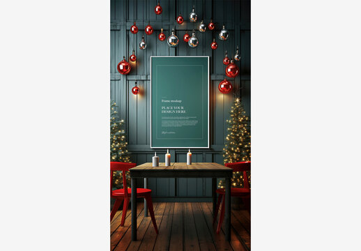 Christmas Frame Mockup with Candles, Picture Frame, Trees, Lights, Green Board, Red Chairs, Wooden Table, Blue Wall, and Floor Frame Mockup Christmas