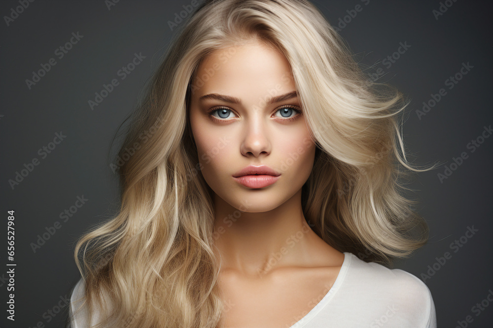 Wall mural ai generated image of beautiful stunning young woman isolated on grey background - Wall murals
