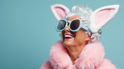 Happy Mature Woman in a Bunny Suit and Sunglasses with Space for Copy - generative AI