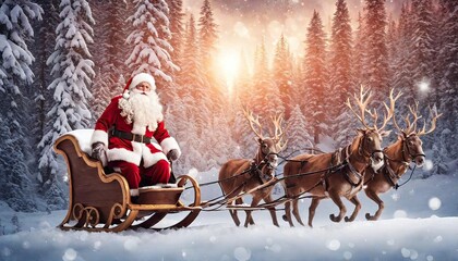 Santa Claus riding on  deer sleigh with snow forest background - obrazy, fototapety, plakaty