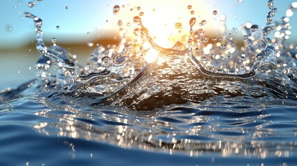 Water splash with sunset light and blue sky background