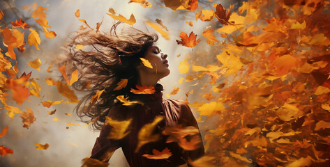autumn leaves in the forest, autumn in the forest ,picture of wind and autumn leaves hurling to the - obrazy, fototapety, plakaty