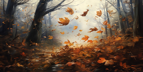 autumn leaves in the forest, autumn in the forest ,picture of wind and autumn leaves hurling to the - obrazy, fototapety, plakaty