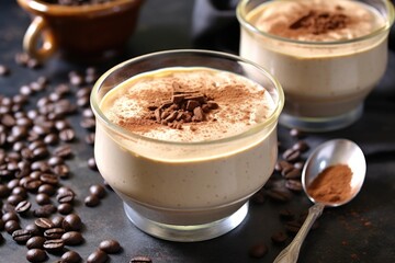 espresso mousse in a cup with coffee beans scattered around