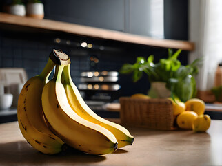 Detailed hyperrealistic bananas in cosy kitchen.