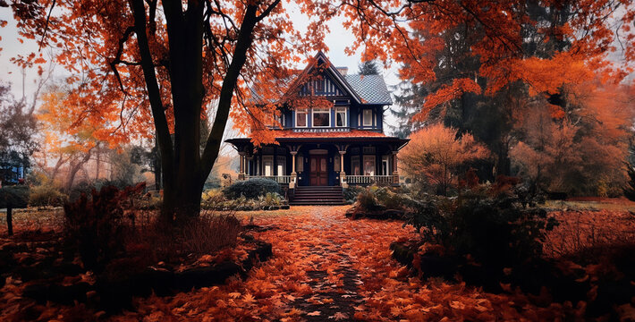 old house in autumn, picture of fall aesthetic exciting autumn colors