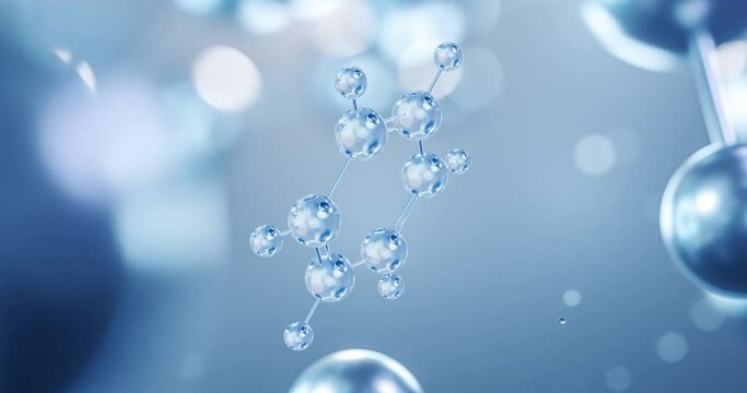Benzene, rotating 3D model of aromatic hydrocarbon under a microscope, seamless looped video, molecular structure with selective focus