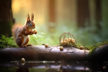 Crédence de cuisine en verre imprimé Écureuil a squirrel gathering nuts in a morning forest