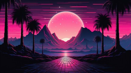 cool retrowave or synthwave style poster wallpaper background, night grid poster - Powered by Adobe