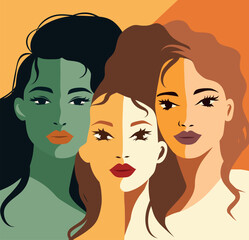 Vector flat banner in pastel colors for International Women's Day, women of different cultures and nationalities. Vector concept of movement for gender equality and women's empowerment