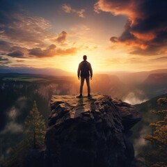 Fototapeta premium Young man standing on top of a cliff in the summer mountains at sunset and enjoying the view of nature