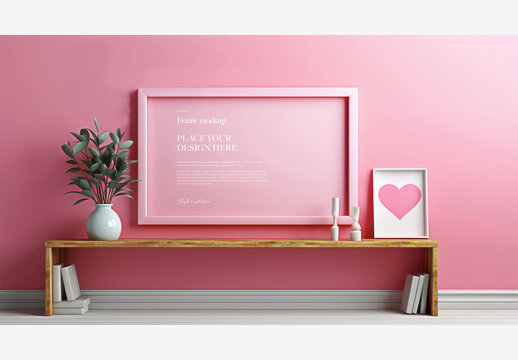 Valentine Love Frame Mockup: Pink Wall with Picture Frame, Heart Frame, Plant, and Vase Shelf Decor Frame Mockup Be My Valentine