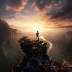 Young man standing on top of a cliff in the summer mountains at sunset and enjoying the view of nature