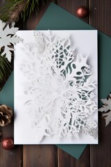 Merry Christmas and happy new year card. Paper cut snowflakes on blue background. 