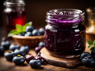 Blueberry jam in a jar, made of fresh fruit, delicious, macro photography - obrazy, fototapety, plakaty