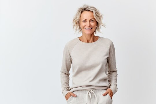 Portrait of happy mature woman smiling at camera, standing over white background