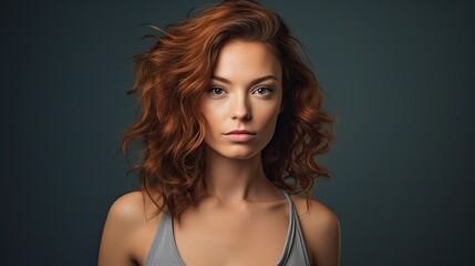 woman with captivating sight, posing frontally for a portrait against a colorful background.