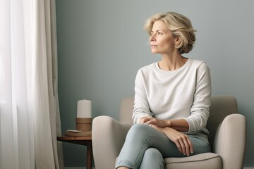Woman with a concerned expression sits on a cozy couch,reflecting her mental health concerns,senior - obrazy, fototapety, plakaty