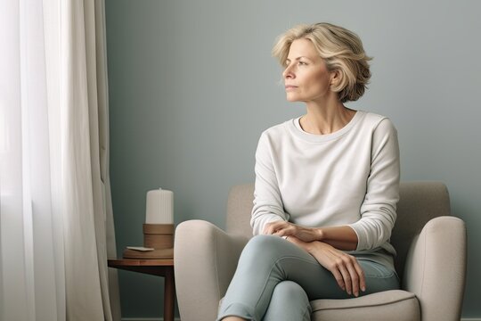 Woman with a concerned expression sits on a cozy couch,reflecting her mental health concerns,senior
