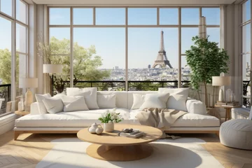 Foto op Plexiglas Parijs stunning modern house featuring a white exterior, a spacious balcony, and a beautifully garden