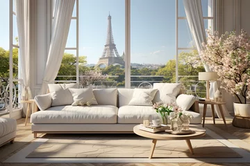 Rolgordijnen Parijs stunning modern house featuring a white exterior, a spacious balcony, and a beautifully garden