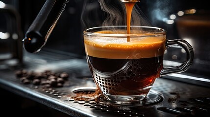 steaming cup of coffee being poured into a clear glass, a mesmerizing swirl of rich brown liquid